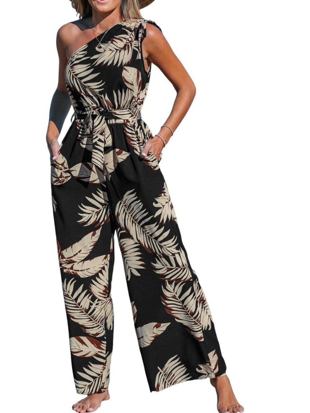 Women's One Shoulder Jumpsuits Floral Wide Leg Pants